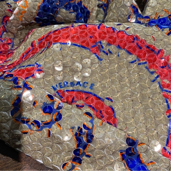 Sequin Shirt Blouse Tan Red Blue Baroque Sz 40 Short Sleeve Crew Party Event Top - Picture 3 of 16